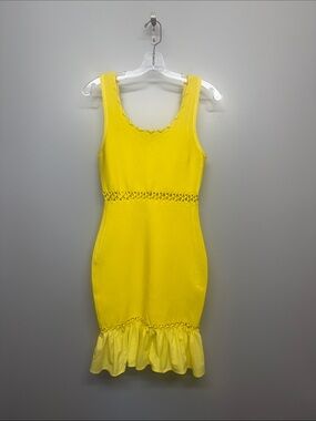 Herve Leger Yellow Sleeveless Midi Ruffle Hem Dress